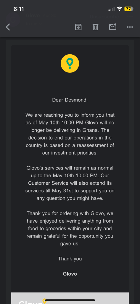 Glovo Ghana shuts down it's Ghana operations